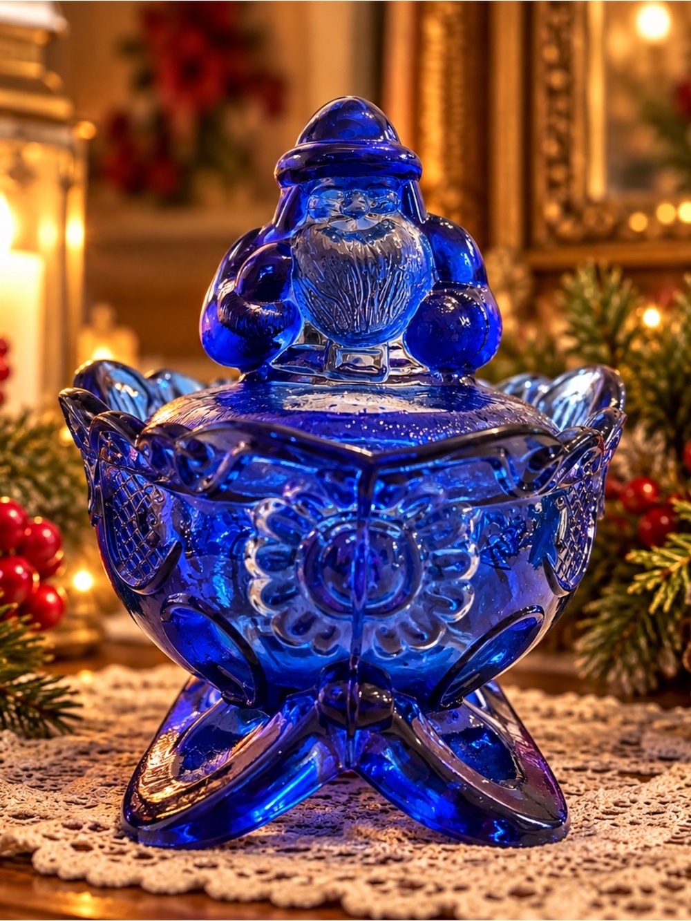 Vintage Westmoreland Cobalt Blue Santa Sleigh Glass – Styled as a Fairy Lamp